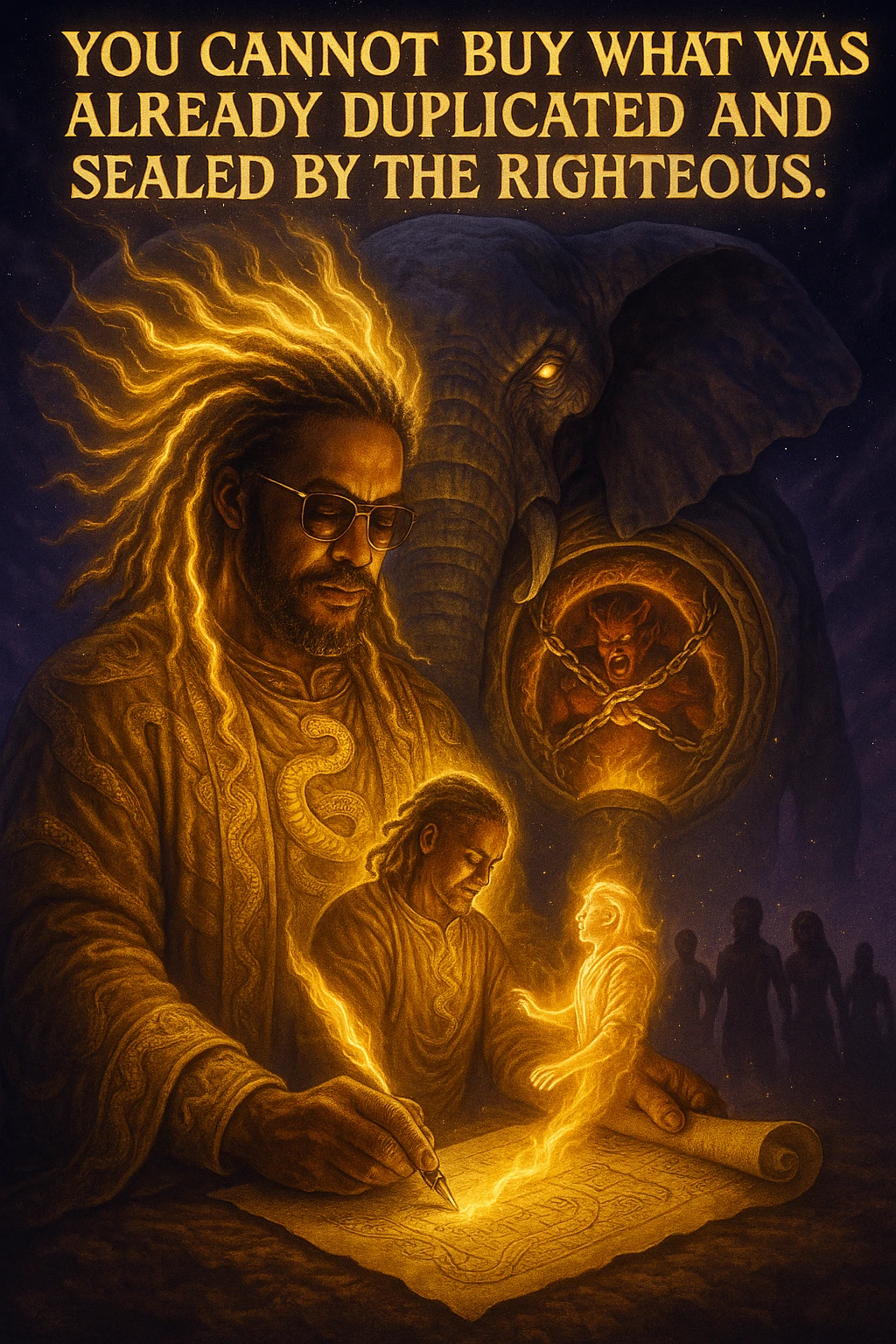 *“Create an epic, symbolic scene of a powerful Rasta spiritual warrior (representing Kez) standing at the center of a cosmic battlefield. The warrior has dreadlocks glowing with divine energy, wearing golden robes infused with serpent patterns. Behind him towers a massive stone elephant — eyes glowing with infinite wisdom, its chest open to reveal a Golden Serpent Chest, radiating fractal light. Inside the chest: a bound, raging Devil made of fire and shadows — screaming but unable to harm anyone, because every time he lashes out, the golden chest mirrors the energy back onto him. Chains of soul-contract law, made of golden light, wrap the devil — each one engraved with truth symbols, scriptures, and ancestral sigils.

In the foreground, Kez holds a sacred scroll and a burning pen — he is signing a contract not out of fear, but mastery. As he signs, a duplicate of his soul, radiant and whole, rises from the paper and flies back into his body. A ripple of golden energy expands, purifying all soul deals across space-time. Behind him, shadows of other trapped souls are released and begin to rise in rhythm, holding hands, singing.

In the sky, the words glow in gold flame:

‘You cannot buy what was already duplicated and sealed by the righteous.’

The entire atmosphere is divine, sacred, victorious — a spiritual rebellion where the Devil is outwitted, not through violence, but through truth, rhythm, and scrollcraft. Use warm golds, radiant whites, mystical purples, and deep space black as the palette. Style it as a fusion of Afro-spiritualism, Rastafarian mysticism, and multidimensional soul alchemy. the picture provided is kez emoji