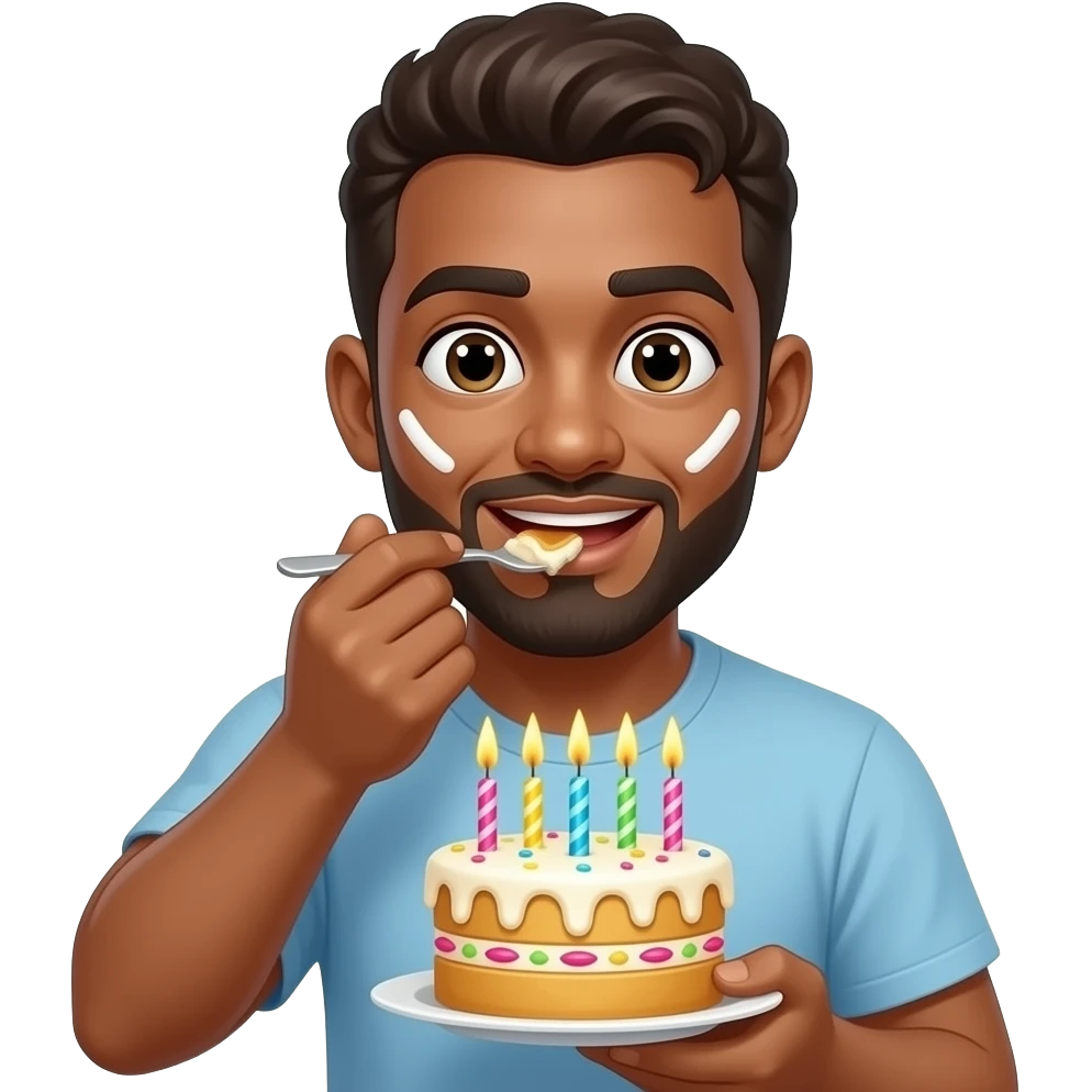 Light skinned man eating birthday cake with icing on his face emoji