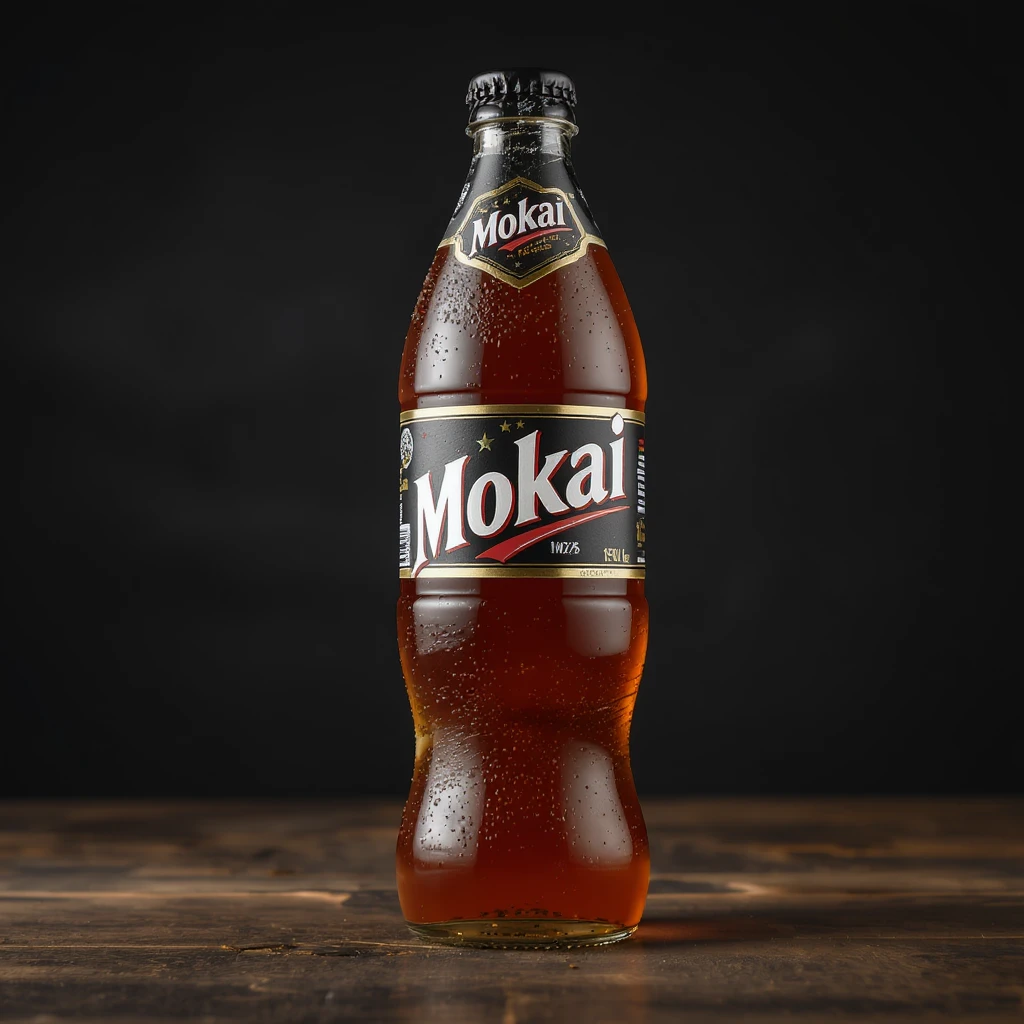 a realistic bottle of the well-known Randers drink Mokai, clearly labeled with the Mokai logo, focus on the bottle's shape and branding, no background, attributeGroup as owner emoji
