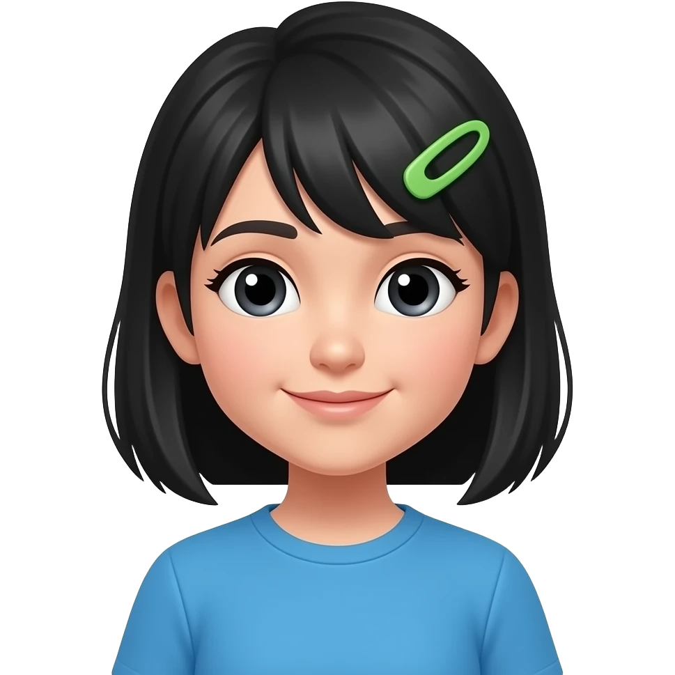 a girl in blue clothes and black hairs wear a green clip emoji