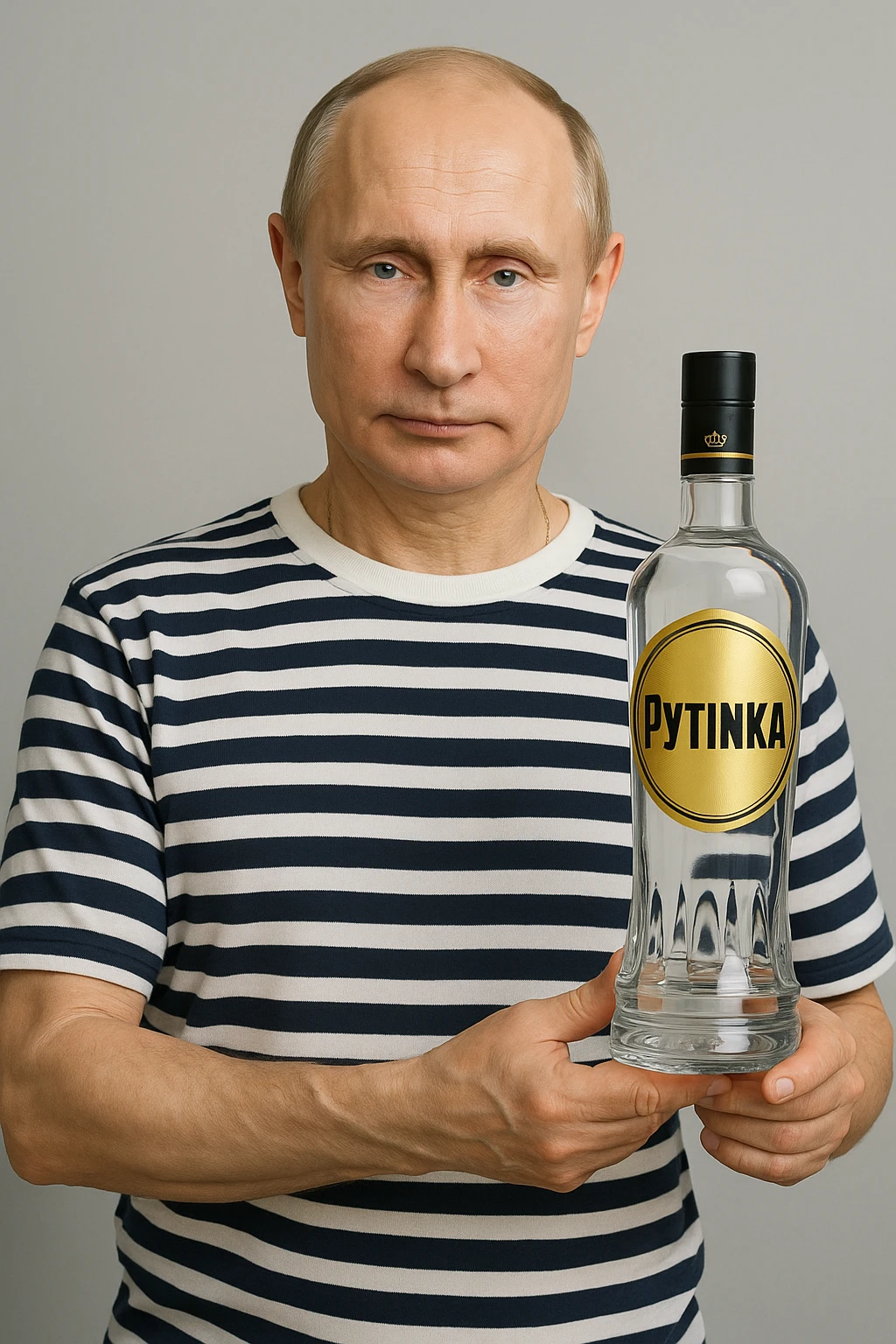 Сгенерируй мне как владимир путин в тельняжке держит эту водку, и на ней прям написанно только Путинка, другой текст убери. Путин полностью помещается в кадре, бутылка целиком и чётко видна в его руках, не обрезана краями изображения. На этикетке только слово «Путинка», без другого текста emoji