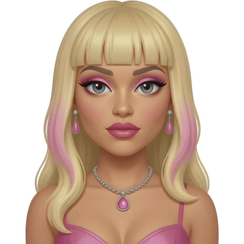 Nicki Minaj with dark grey eyes, long blonde and pink hair with bang, pink eyeshadow, hot pink lipstick, pink dress, pink necklace and earrings emoji