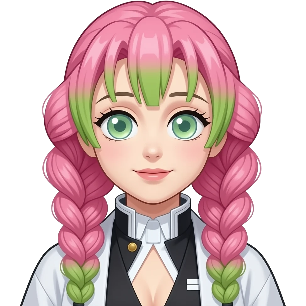 girl named mitsuri that has three braids and the botom of her bangs are green and her braids are pink emoji