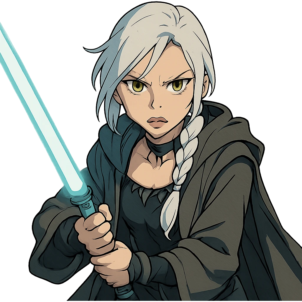  a closeup portrait of young woman with gold yellow eyes, white hair, long braid, black off-shoulder top, punk gothic style, futuristic cyberwave cyberpunk,  jedi attire and posture robes of a padawan, foreweilding a bright blue-green lightsaber, angry fierce face expression, power stance, wide angle shot emoji