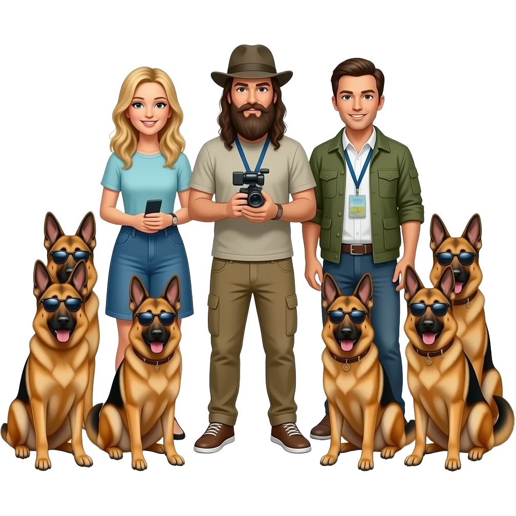 interview by BTC news lady sky chopper camera man interview anti-poaching champion bearded hippie surrounded by 7 K9 german sheppards wearing sunglasses emoji