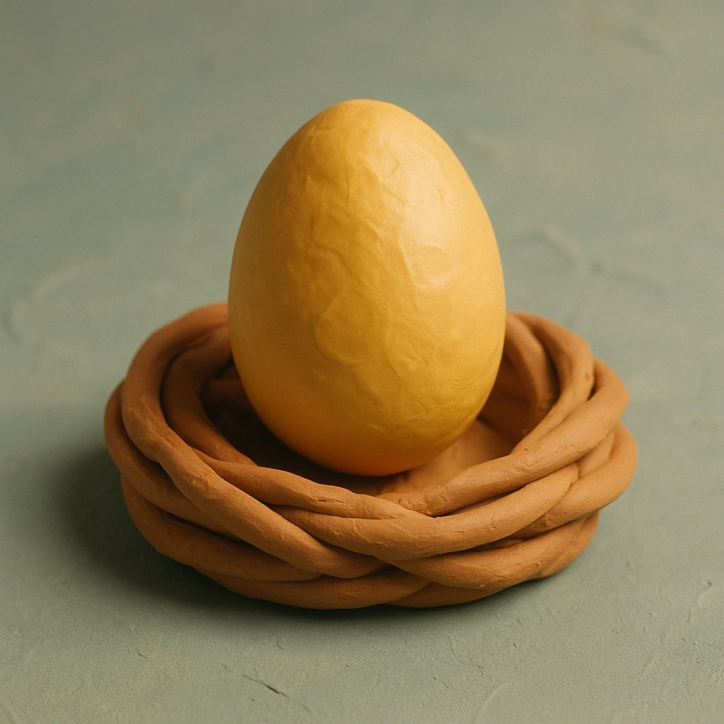 A golden egg in claymation style with a matte, plasticine texture, visible fingerprints, and pastel colors, sitting on a nest. emoji