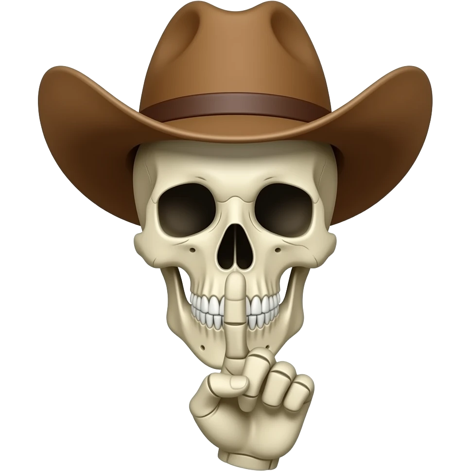 Cowboy Skull with his index finger to his lips, shhhh, hand facing inward emoji