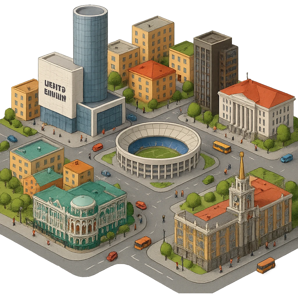 Изометричная миниатюрная фотореалистичная 3D модель Екатеринбурга - Дом Севастьянова, Ельцин-центр, Уральский федеральный университет, дома, Екатеринбург Арена, Штаб-квартира Русской медной компании, Здание Свердловского городского совета народных депутатов, четкие линии, яркие цвета, мультяшный реализм, люди, автотранспорт, компактная композиция, вид сверху в изометрии, прозрачный фон emoji