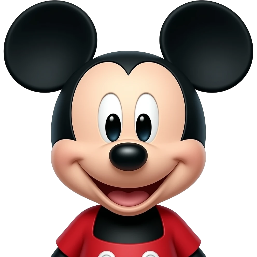 mickey mouse 3D emoji style original character, cute small creature with rounded ears, red outfit, glossy texture, soft shadows, Apple style emoji, minimalistic face, adorable and friendly emoji