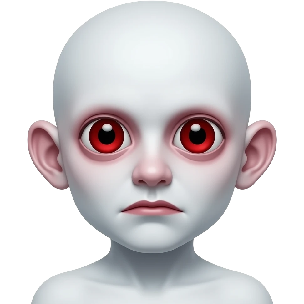 사악한 흰  피부. 붉은동공. 살색 큰 귀. 큰 눈. 붉은 눈. 붉은 홍조. O표정. emoji