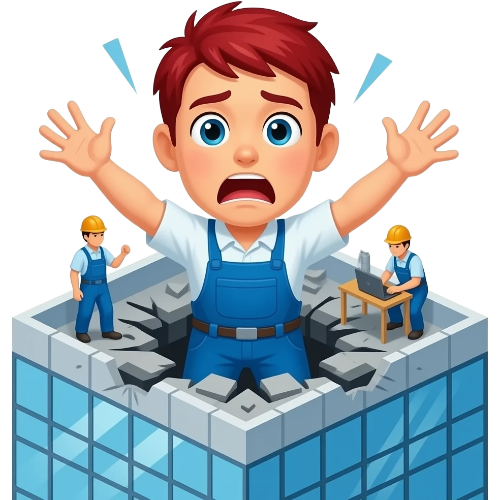 Prompt: white red headed guy panics on top floor of building during earthquake while Japanese people continue working unperturbed emoji