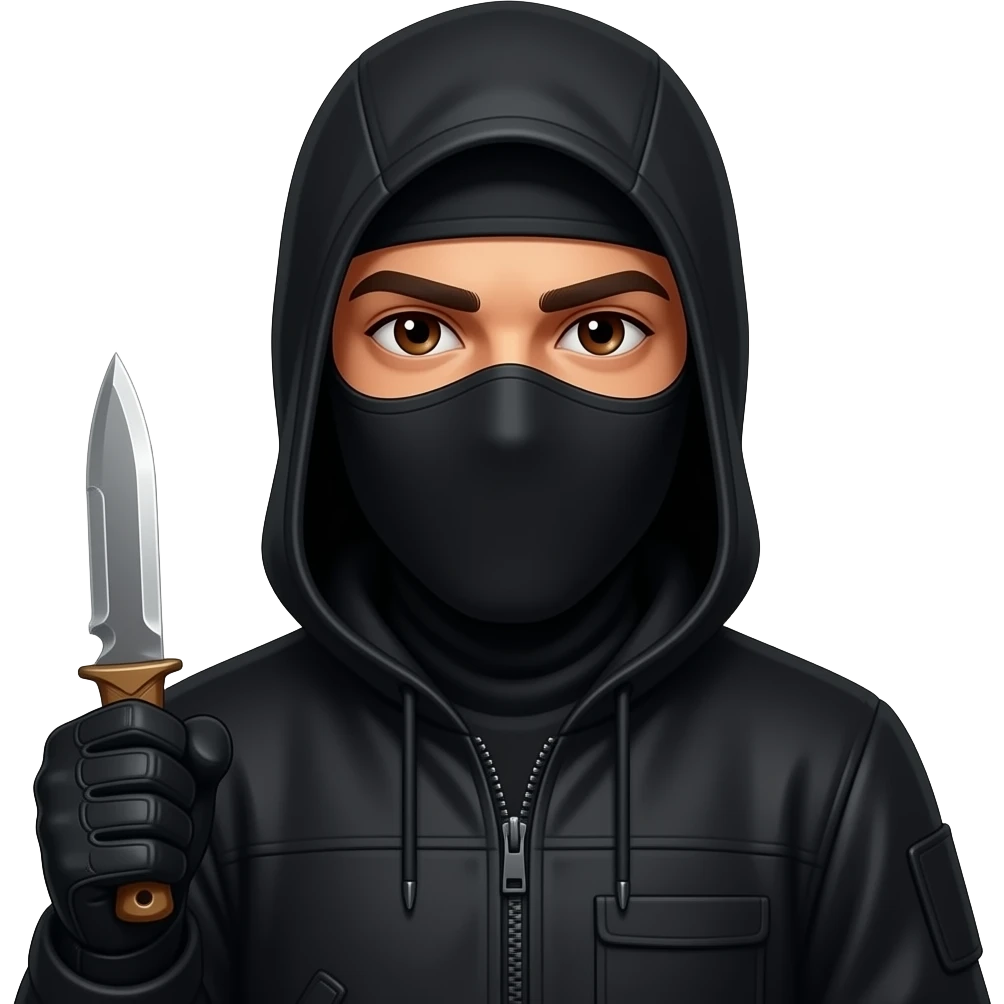 Spanish Man brown eyes wearing all black in balaclava hood and gloves with karambit emoji