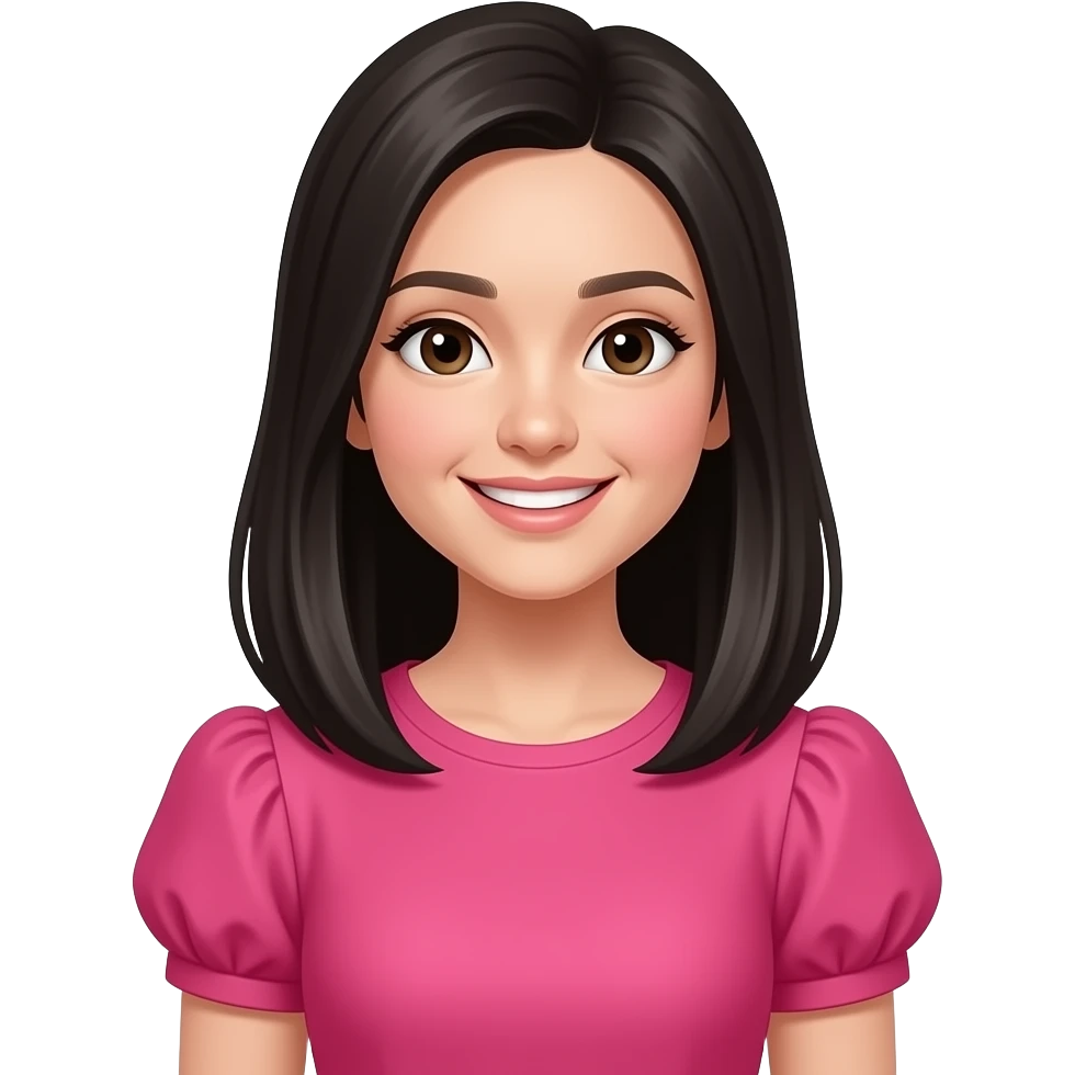 Gere um emoj de uma linda moça de pele clara,cabelo médio, na altura do ombro,,liso,preto, sorrindo. A moça veste uma camiseta com mangas curtas, mangas bufantes, rosa choque emoji