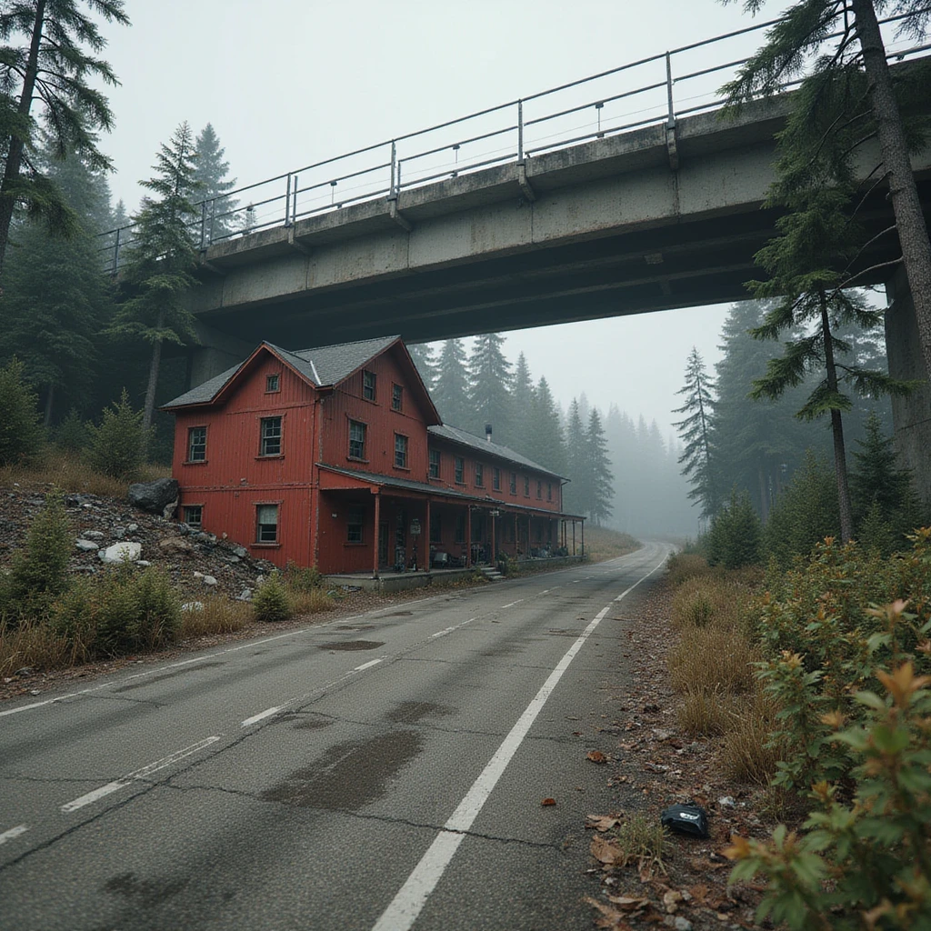  a screenshot of a location in a videogame  the image of the scene consists of:  [above-ground vacant train freeway partially collapsed], a red 1980's construction mansionesque wooden motel painted red, surrounded by war-torn pollution wreckage, wooded area emoji