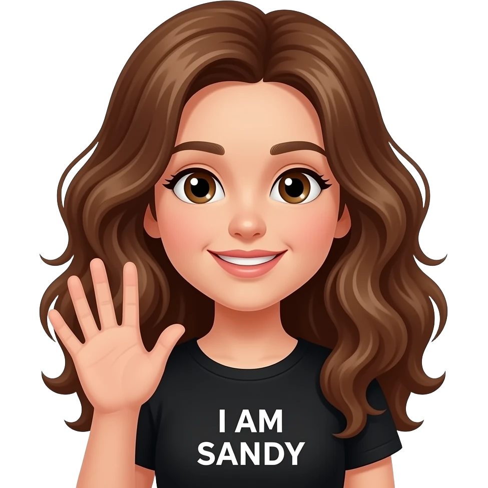 girl with long curly brown hair wearing black clothes says HI, I AM SANDY emoji