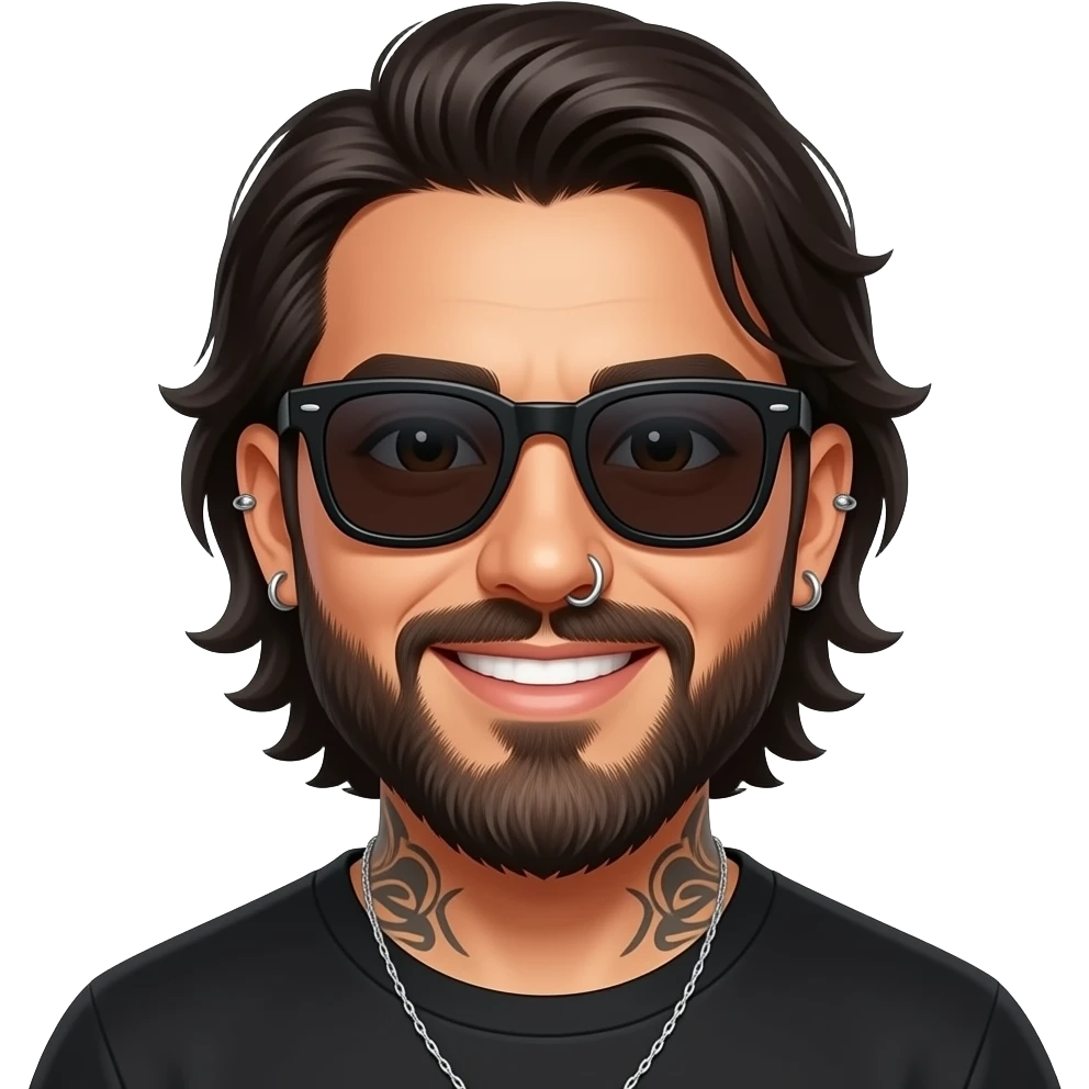 The handsome manly Latino podcast host with medium length hair, a long slightly graying beard and tattoos with his ears pierced 1 time each ear and a nose ring on the right side, dark brown eyes, wearing black, dark sunglasses, and jewelry, happy emoji