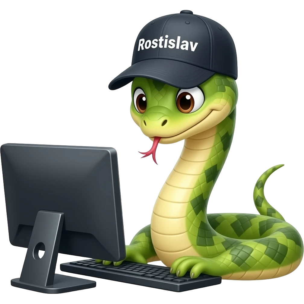 A snake in a cap with the inscription "Rostislav" plays on the computer. emoji
