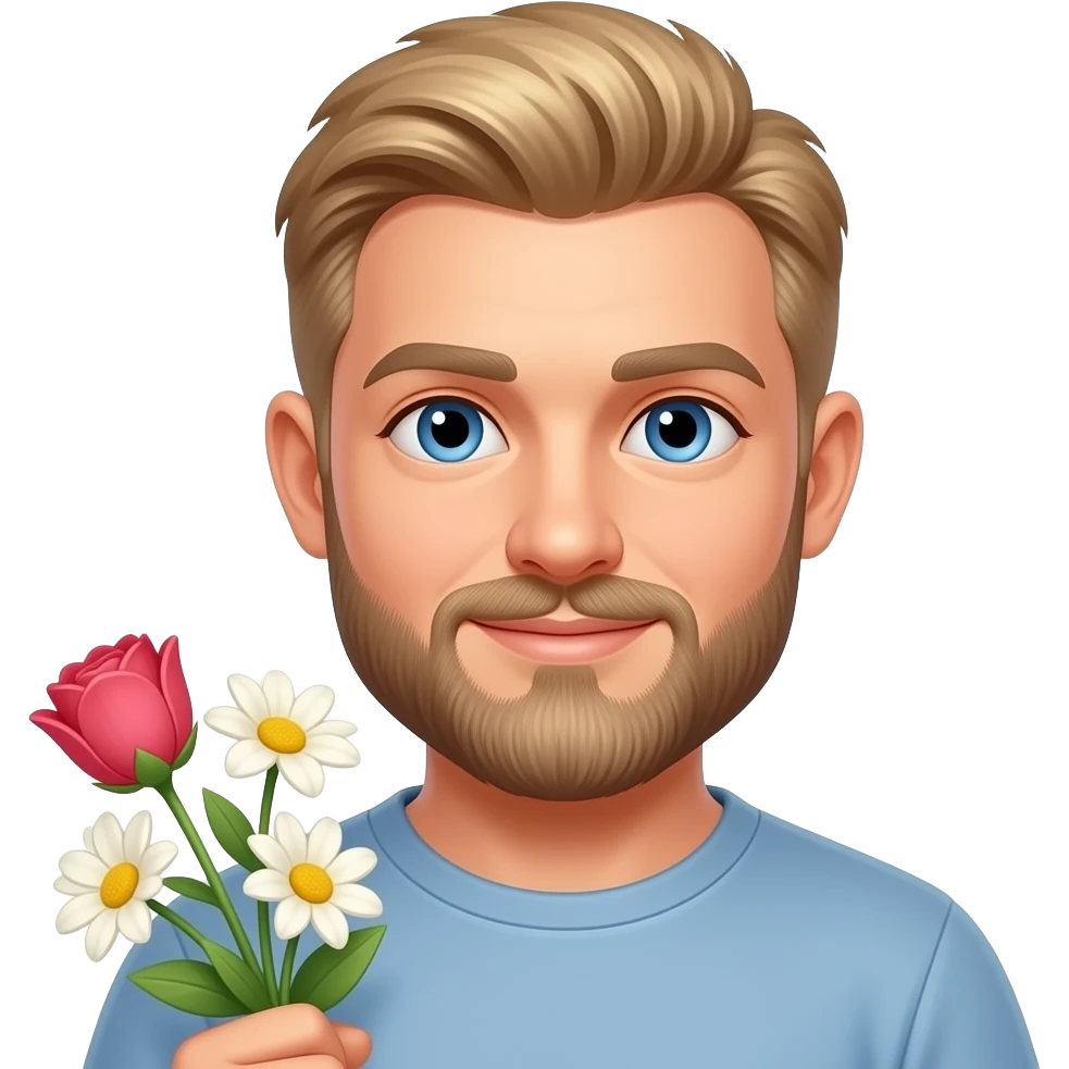 White man with short hair, full blond and brown beard with blue eyes holding flowers emoji
