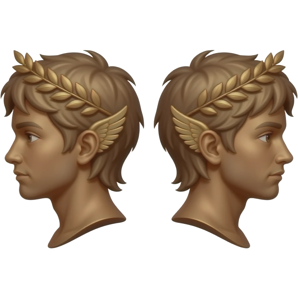 twins, two bronze faces in profile in a parallel composition, they have small wings instead of ears and a laurel wreath around their heads emoji