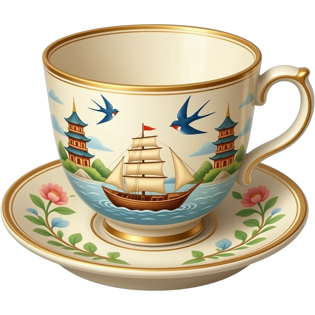 chinoiserie beige willow china pattern teacup and saucer with a boat, pagodas and two swallows emoji