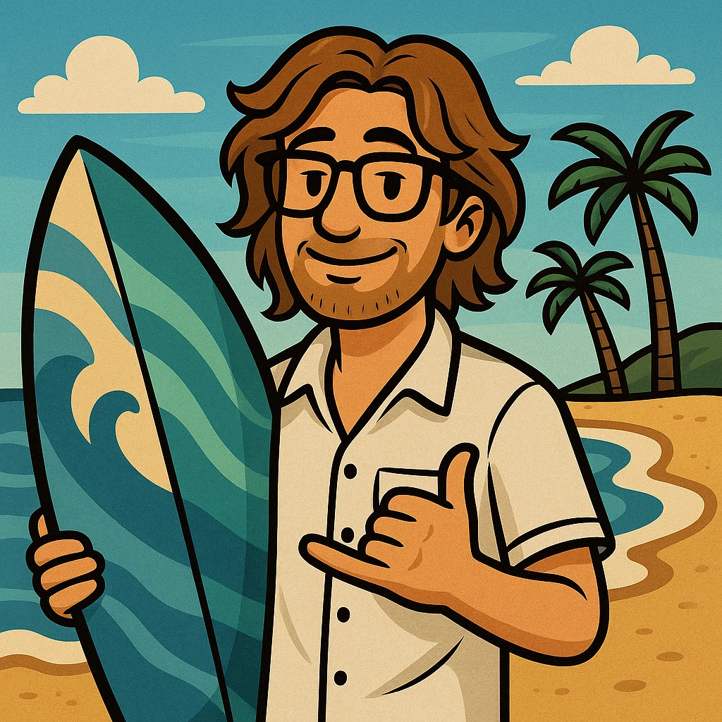 Transform the gangster alligator cartoon into a surfer beach bum with brown hair like a guy, wearing a white button-up shirt and glasses. Keep the cartoon style, add a relaxed beach vibe, and include beach elements like a surfboard or waves. Maintain the cartoon style but with a laid-back beach atmosphere. emoji