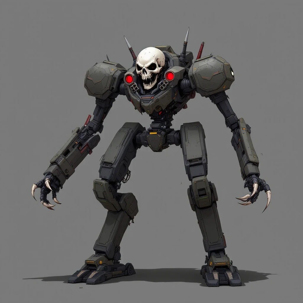 Ensure the mech has four arms and a skull head, with no hips or legs. The entire lower half must be a heavy tank tread vehicle chassis, as shown in the reference images. Keep the upper body mean and dangerous, in the Flux Pro style. emoji