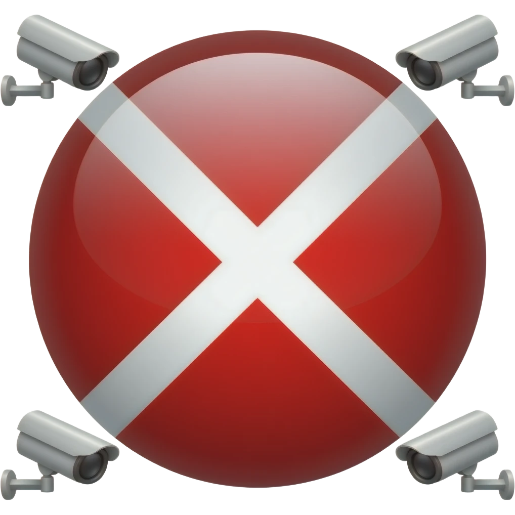 Red filled circle with white X, CCTV on end points of X emoji