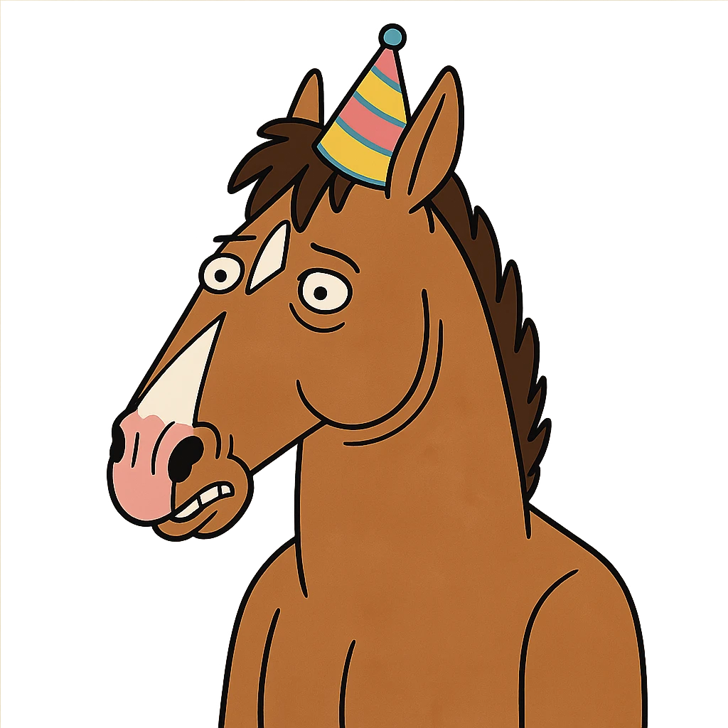 flat toon style horse wearing a party hat emoji