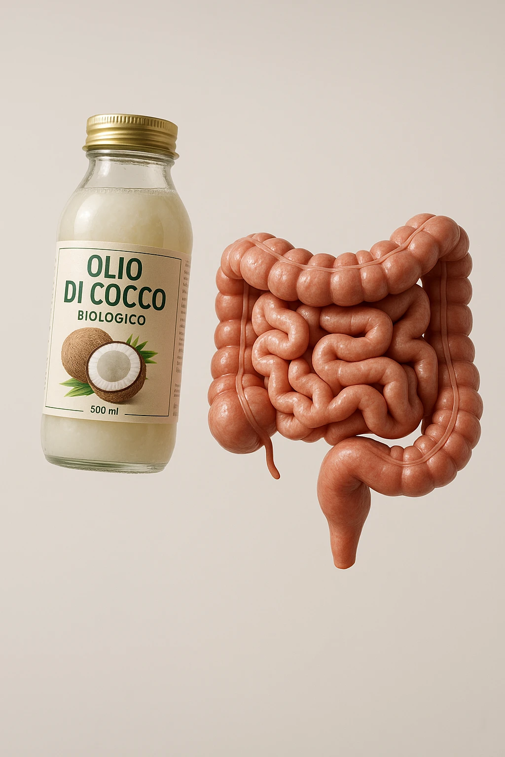 BOCCETTA DI OLIO DI COCCO BIOLOGICO (FAI UN ETICHETTA SUL PRODOTTO IN ITALIANO) CHE FLUTTUA IN ARIA INSIEME A UN INTESTINO UMANO ANATOMICO IN PERFETTA SALUTE, SFONDO CHIARO, iperrealistico 4k emoji