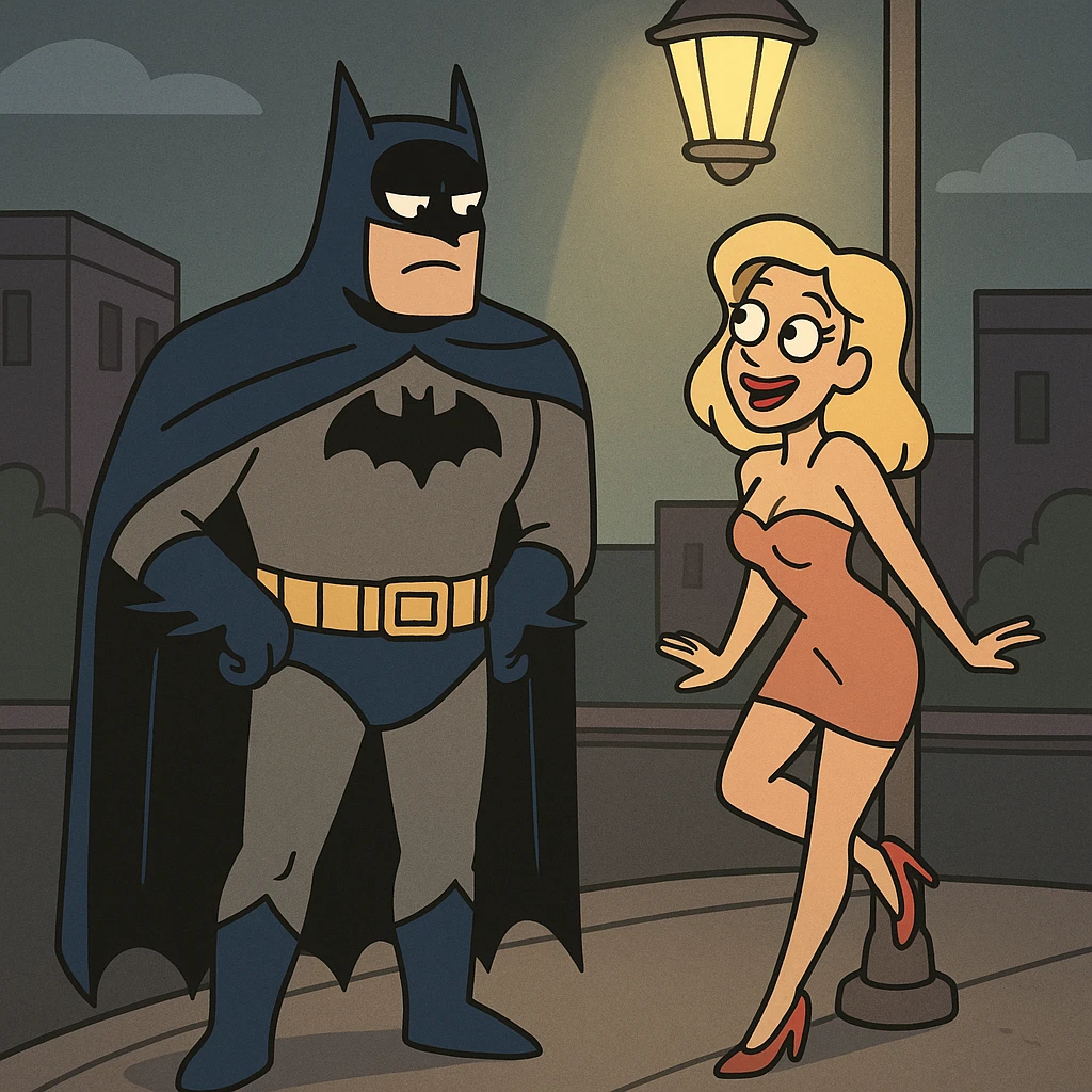 Batman and a woman in a short dress and high heels, cartoon style, under a streetlight, playful and non-explicit emoji