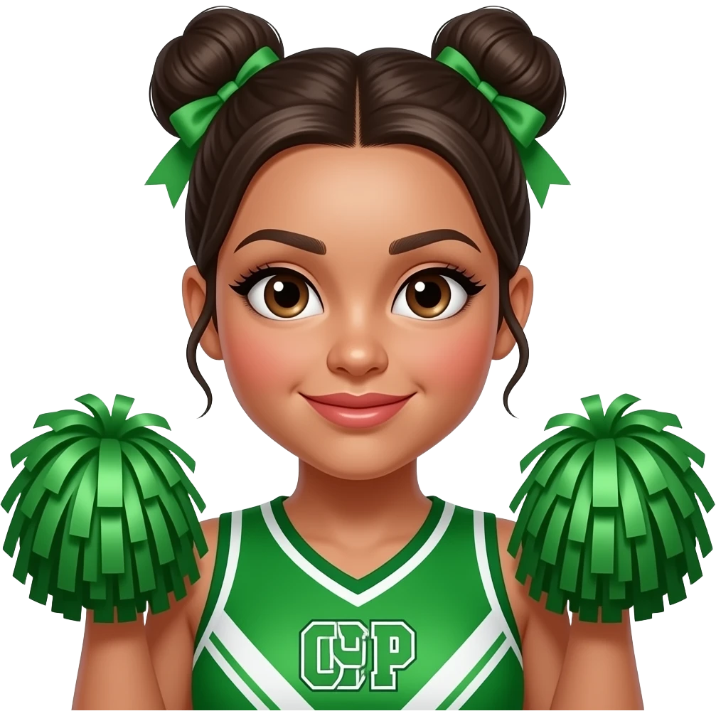 wide body cheeleader girl in vibrant green outfit face close up and two sided bun and poom poom in hands emoji