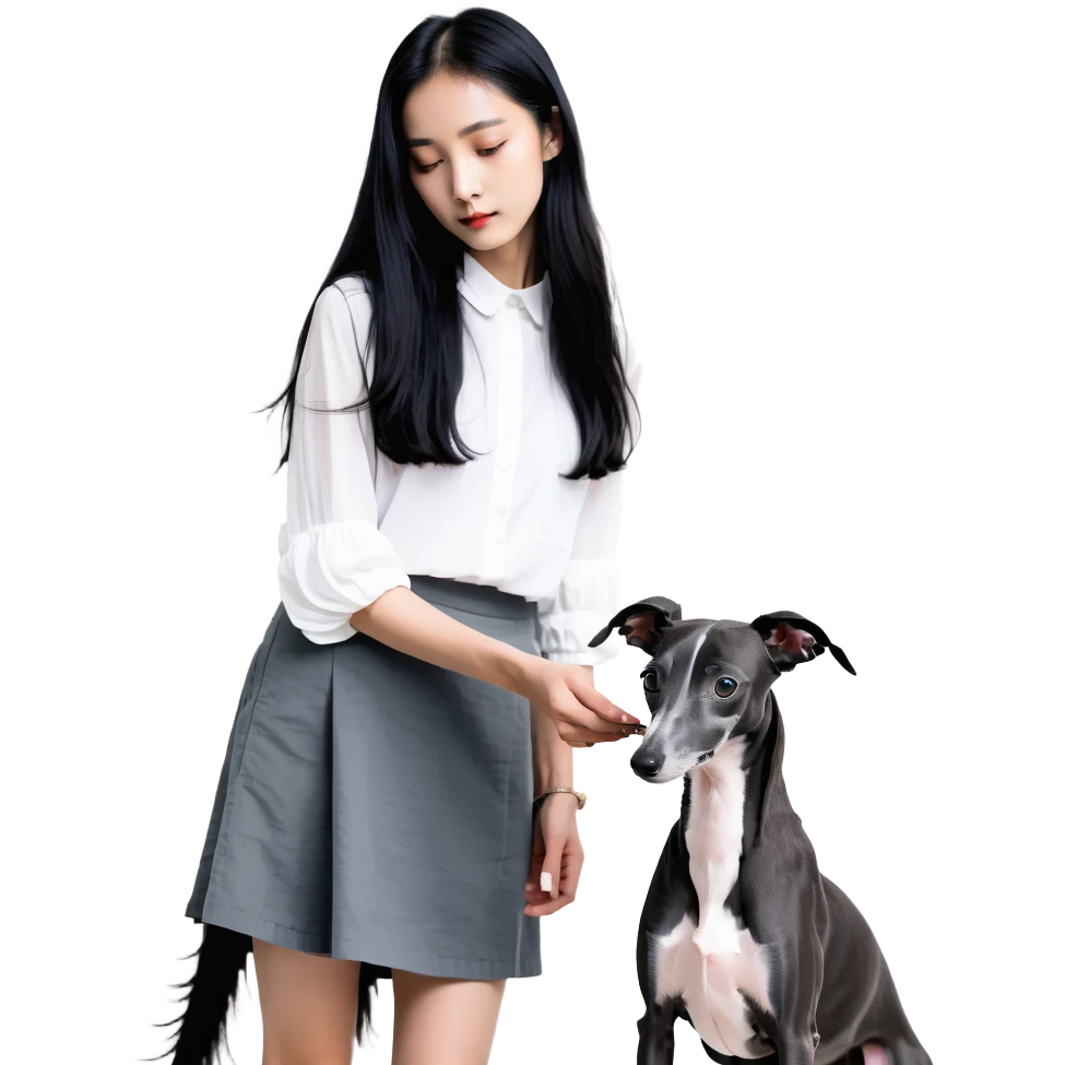Slim Chinese girl with long black hair petting completely dark grey Italian greyhound with absolutely no white markings anywhere emoji