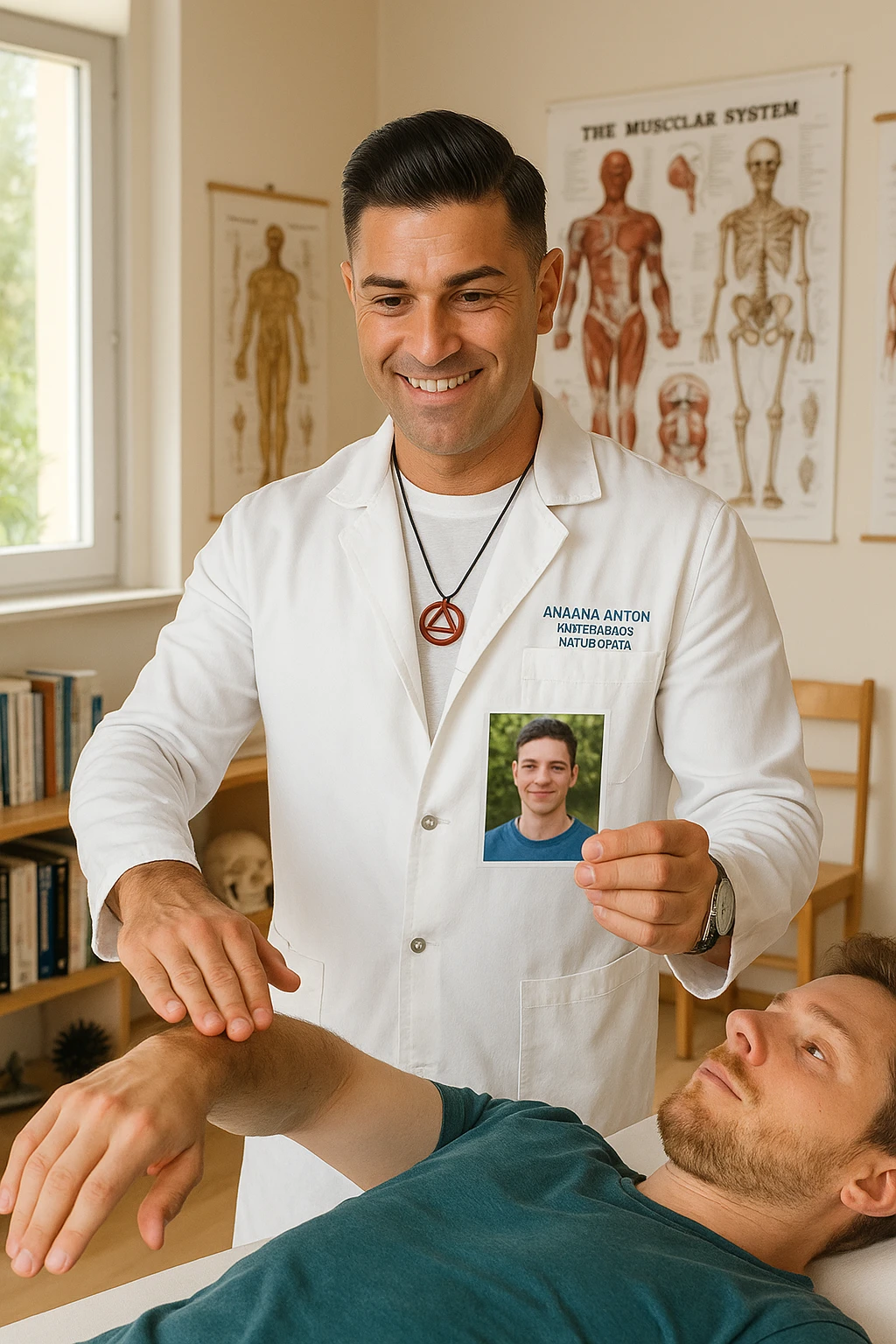 a middle-aged man, dressed in casual professional attire, is in a bright, organized therapy studio. Durante una visita di kinesiologia, il ragazzo tiene con una mano la foto di una persona lontana (il “testimone”) tiene la foto in mano, mentre con l’altra mano esegue un test muscolare su un cliente presente. Sullo sfondo si vedono libri di kinesiologia, poster anatomici e strumenti tipici della disciplina. L’atmosfera è concentrata e serena, con luce naturale che entra dalla finestra, sottolineando l’aspetto alternativo e umano della pratica. emoji