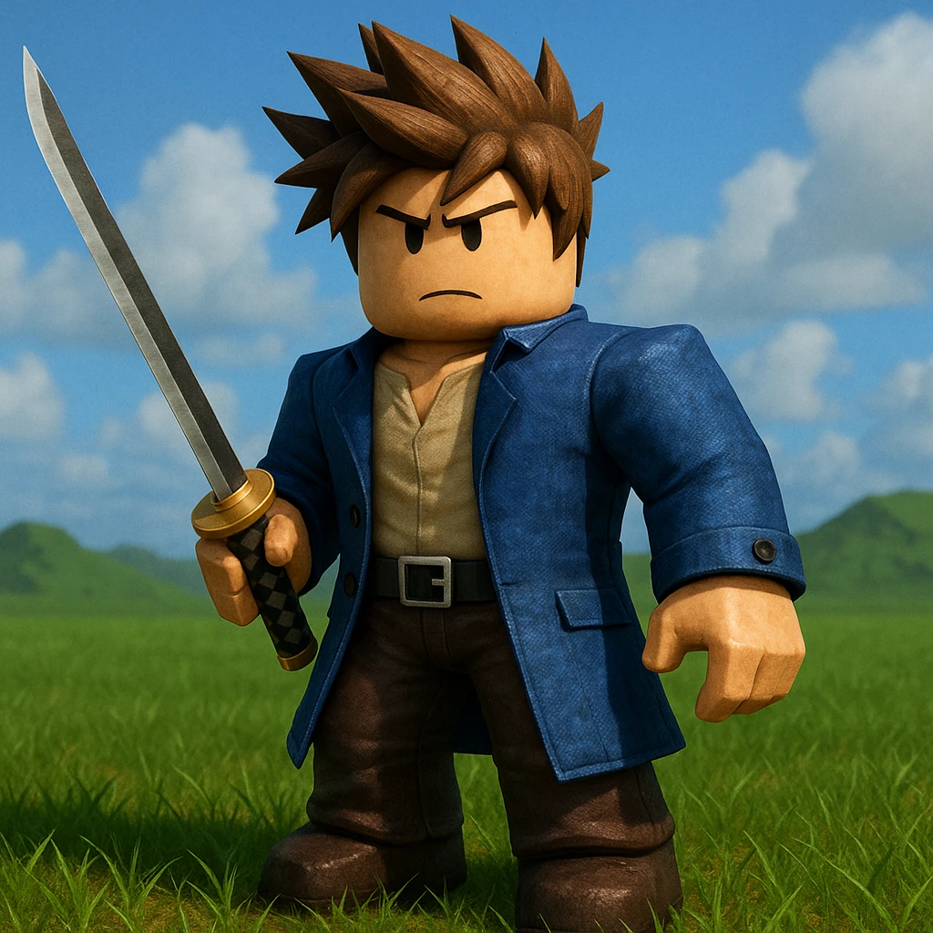 Roblox Blox Fruit character with spiky hair and sword, authentic Roblox style, not chibi, detailed digital art emoji