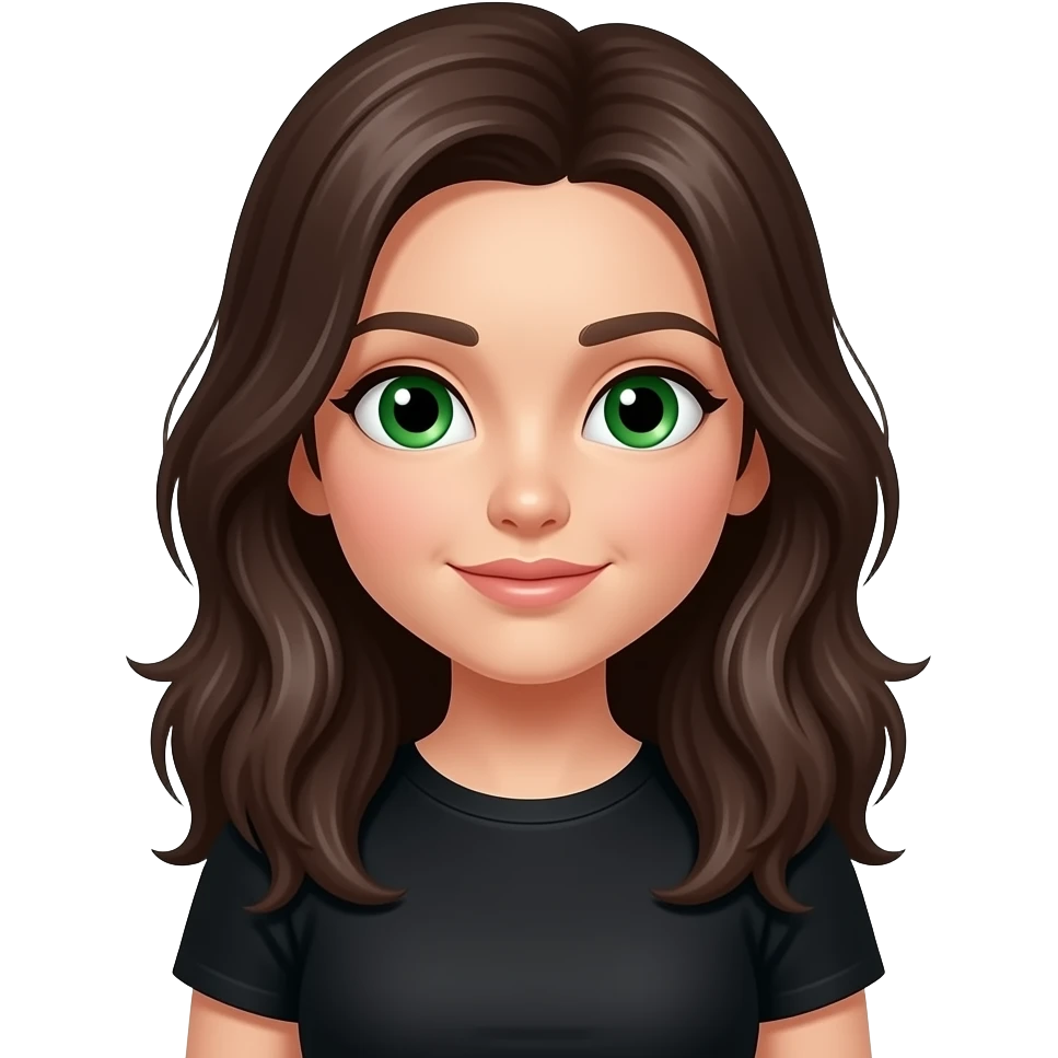 bright green eyes, long dark brown hair with layers, black T-shirt emoji