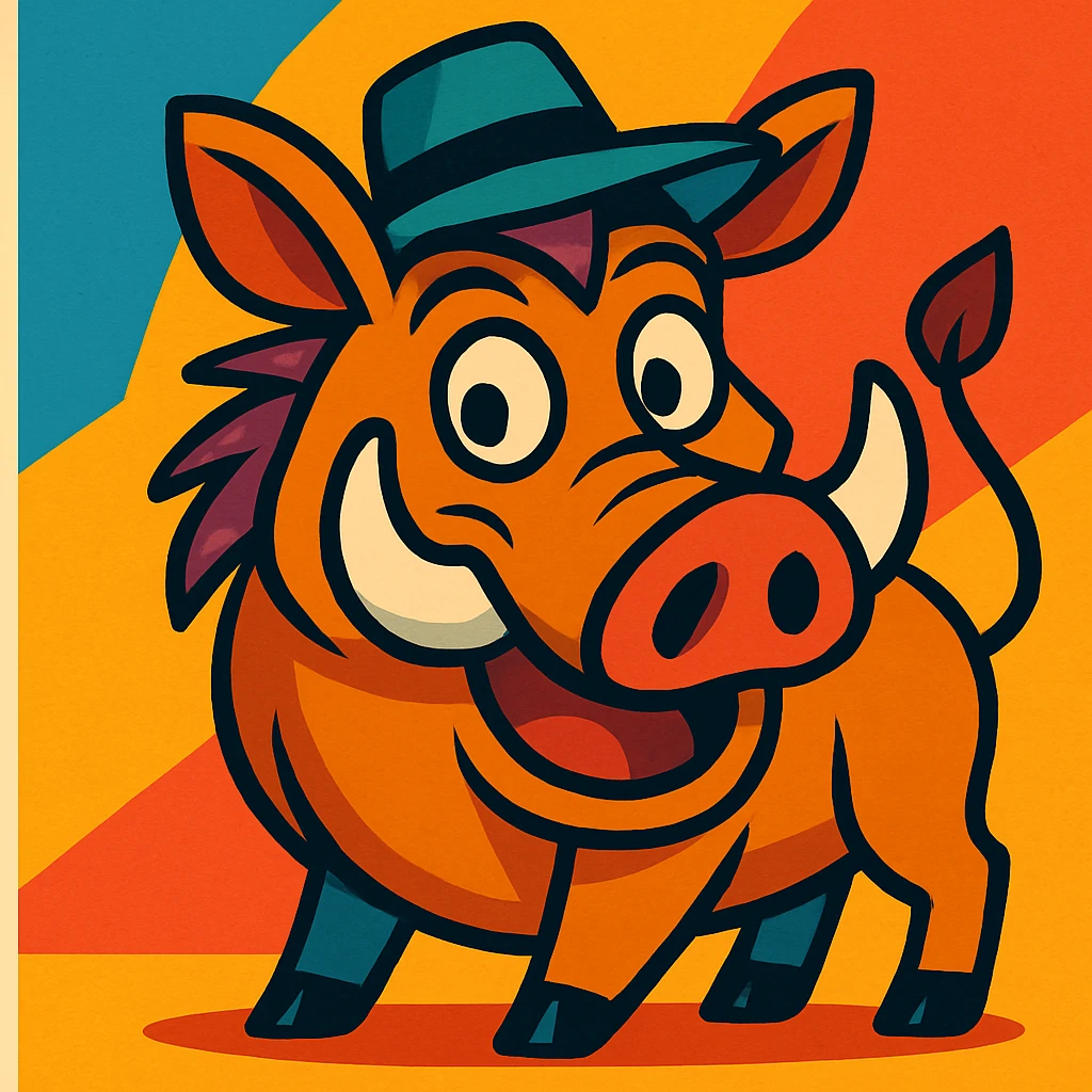 warthog wearing a hat, vibrant cartoon style emoji