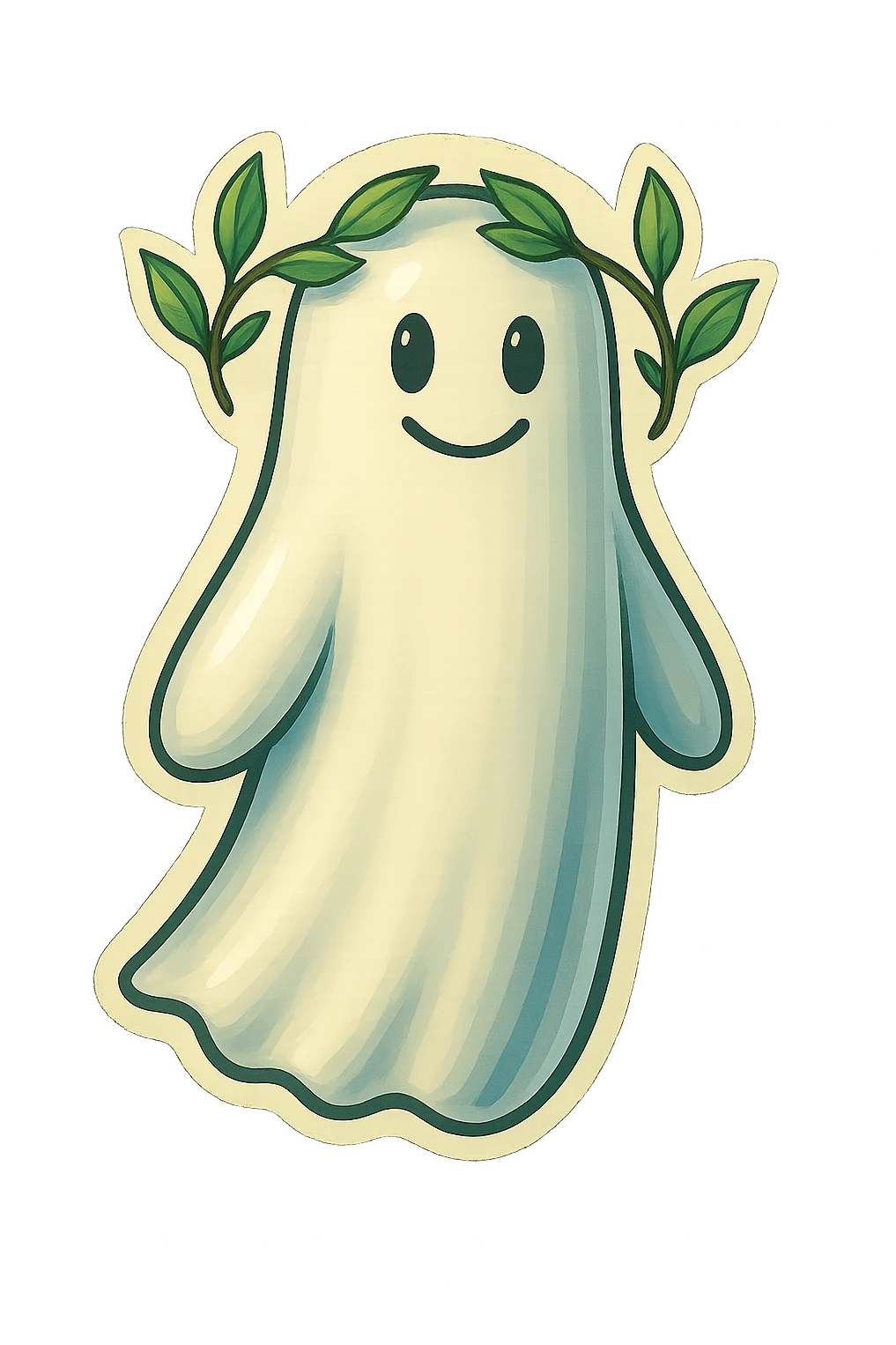 Make the leafy wreath on the ghost's head more sparse, with fewer leaves spaced out along the crown. Keep the ghost and background unchanged, and match the illustration style and colors. The wreath should look delicate and not too dense. Maintain the original illustration style and colors as seen in the reference image. emoji