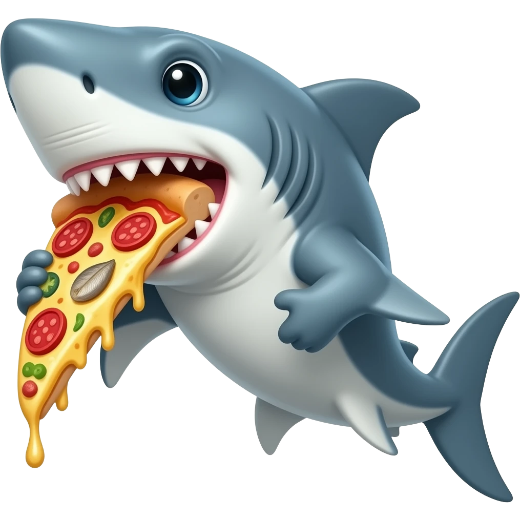 A shark holding a slice of pizza with pepperoni and sardines emoji