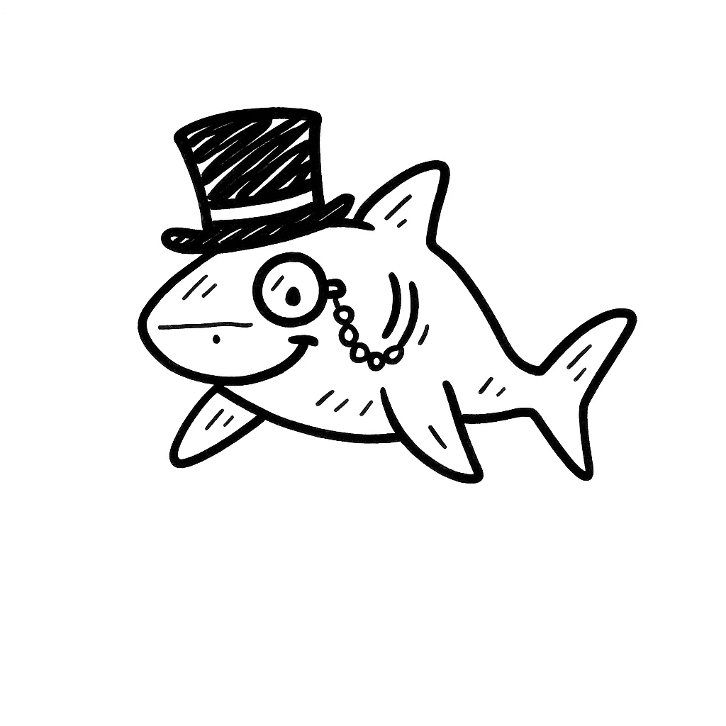 Add a monocle to the shark with a top hat in the style of doodle. emoji