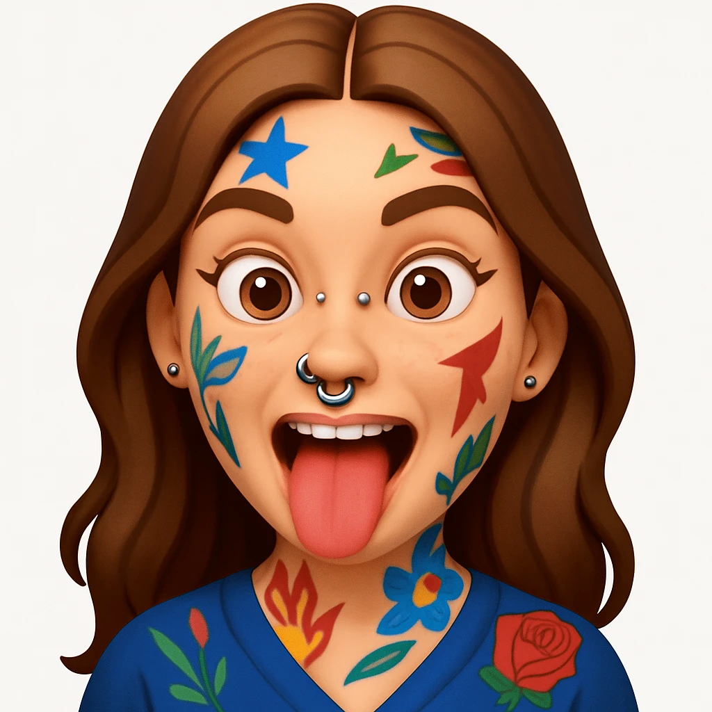 A 3D emoji in iOS emoji aesthetic style of a wild expressive person with colorful tattoos, multiple facial piercings, sticking out their tongue and making a funny face, glossy Apple-style design, clean white background, vibrant and bold look. emoji
