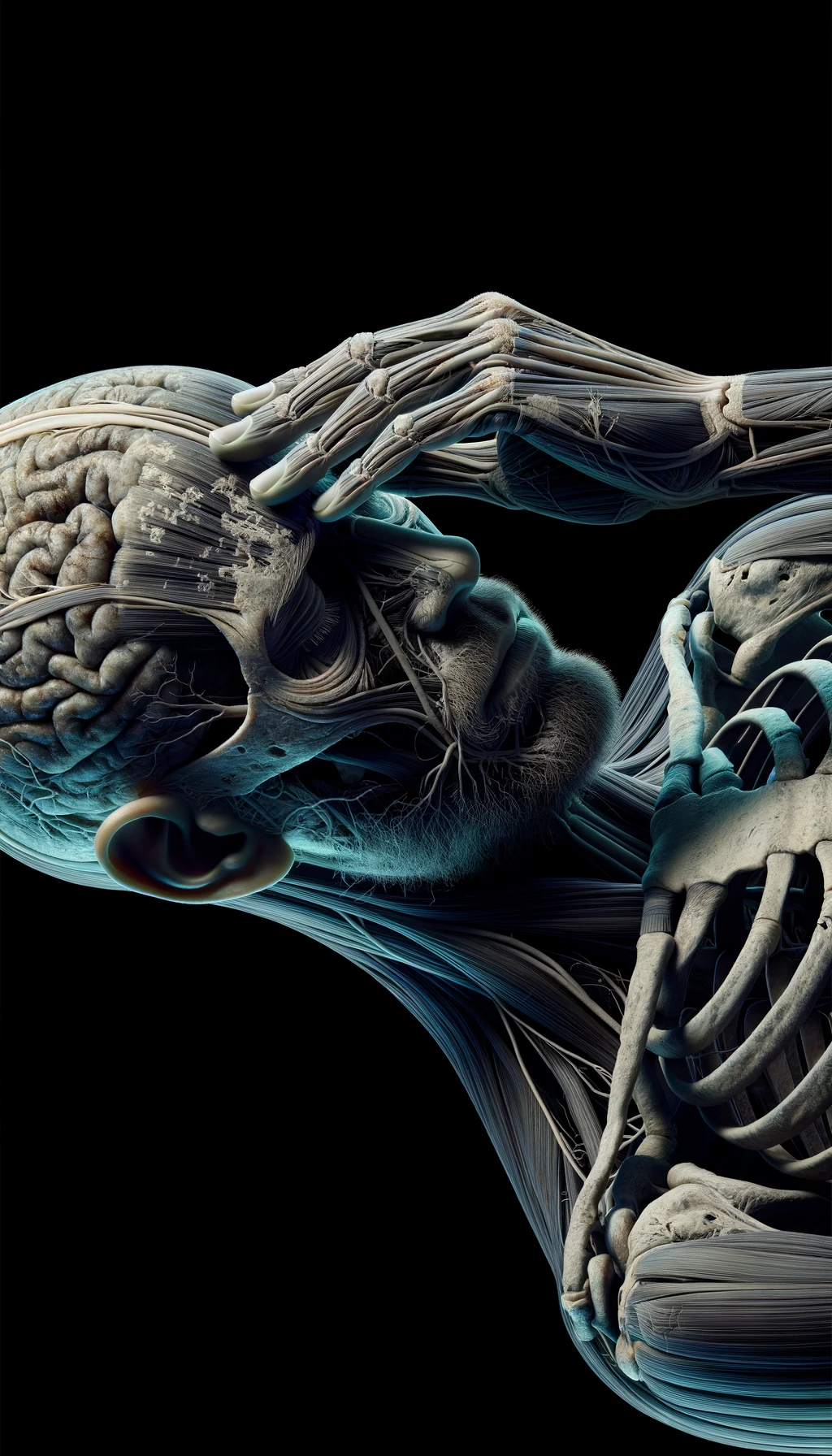 CORPO UMANO ANATOMICO A FIGURA INTERA STANCO CON MANO SULLA FRONTE, IPERREALISTICO 4K emoji
