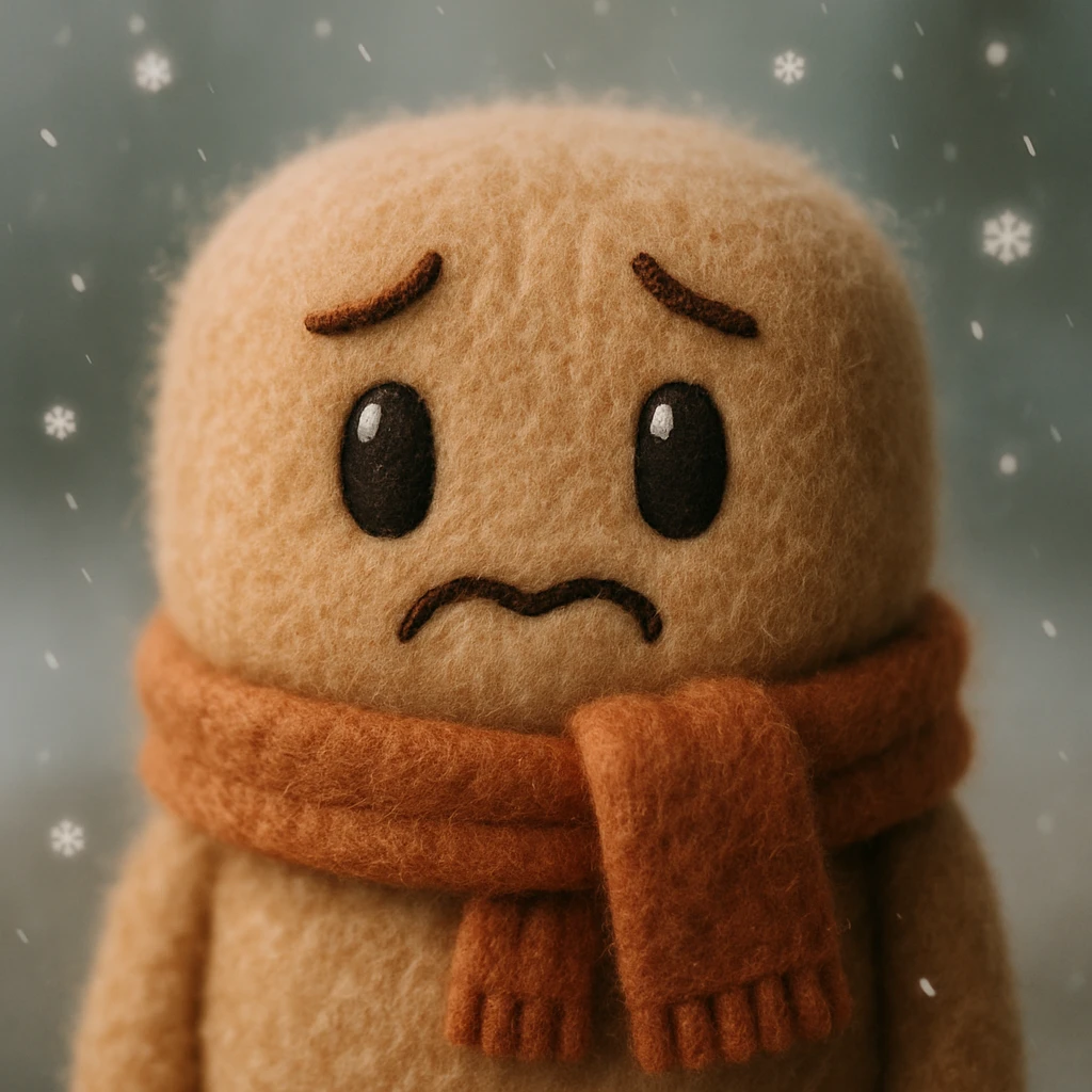 cute plush face, scarf wrapped tightly, shivering, snowflakes around, cold weather emoji
