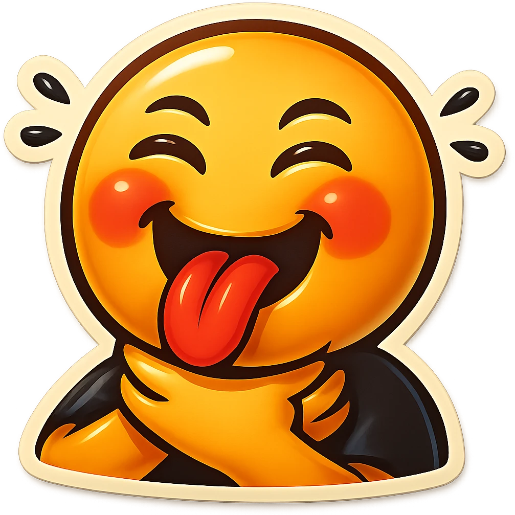 Make the emoji smile while choking itself, keep the same retro stickers style, no background. emoji