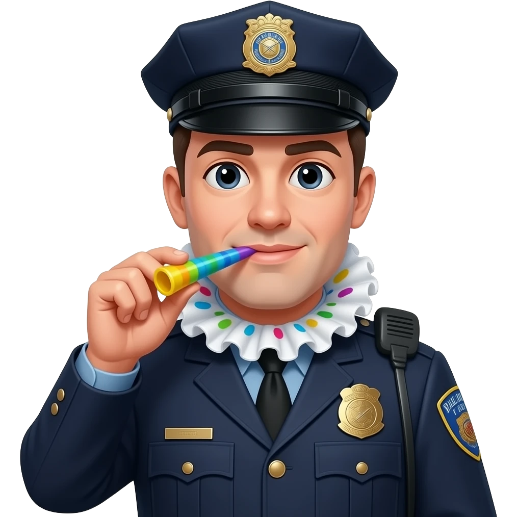 police with party ruffle on his neck and a party blower emoji