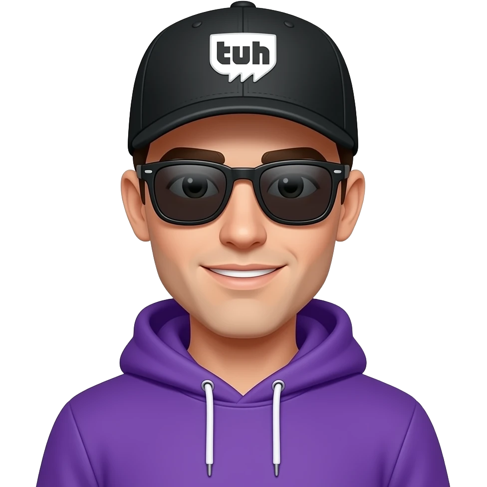 tall skinny guy with black basecap with white twitch logo, purple hoodie, sunglasses emoji
