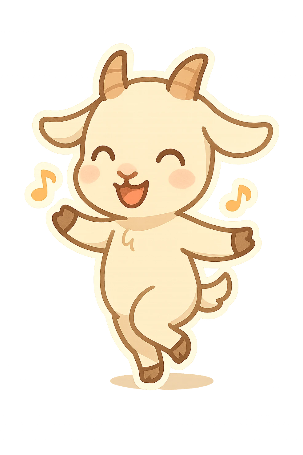 chibi goat, joyful, dancing, little horns, happy expression, simple background emoji