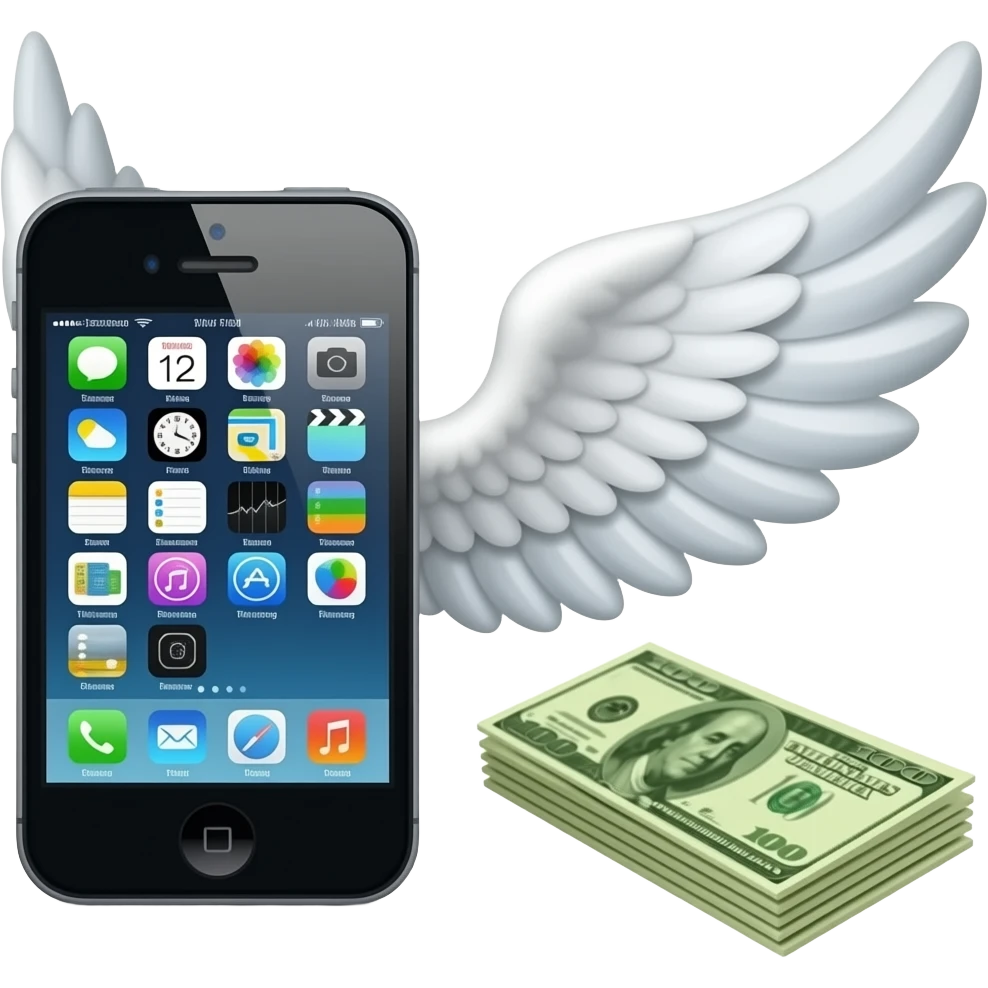 An iPhone 5s sits next to a banknote with wings emoji