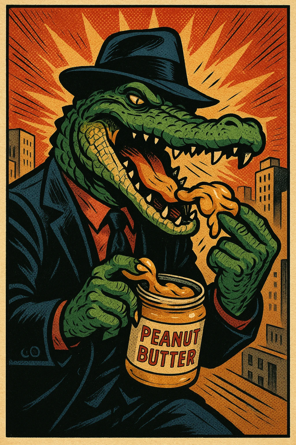 gangster alligator eating peanut butter, comic book style, dramatic pose, cityscape emoji