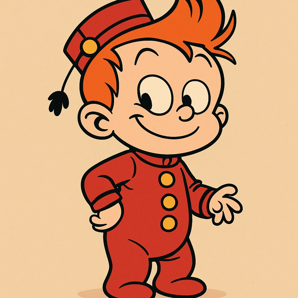 bébé Spirou, cartoon style, proportions enfantines, costume rouge, sourire espiègle emoji