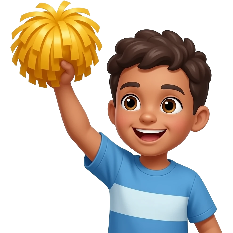 Mid complexion boy cheeringwhile holding pom poms with one hand in the air emoji